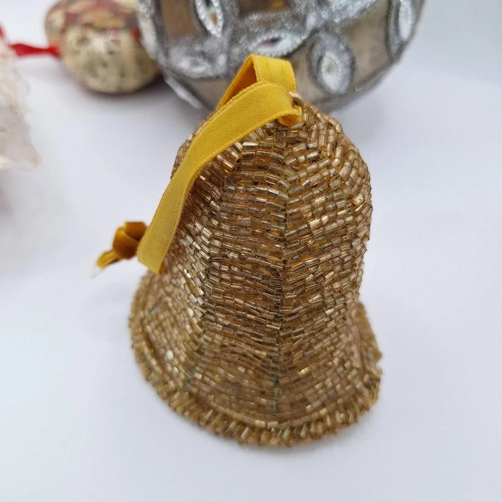 Lot of 4 Vintage Ornaments Beaded Bel1 Fabric Handmade Heart Decoupage Heart
